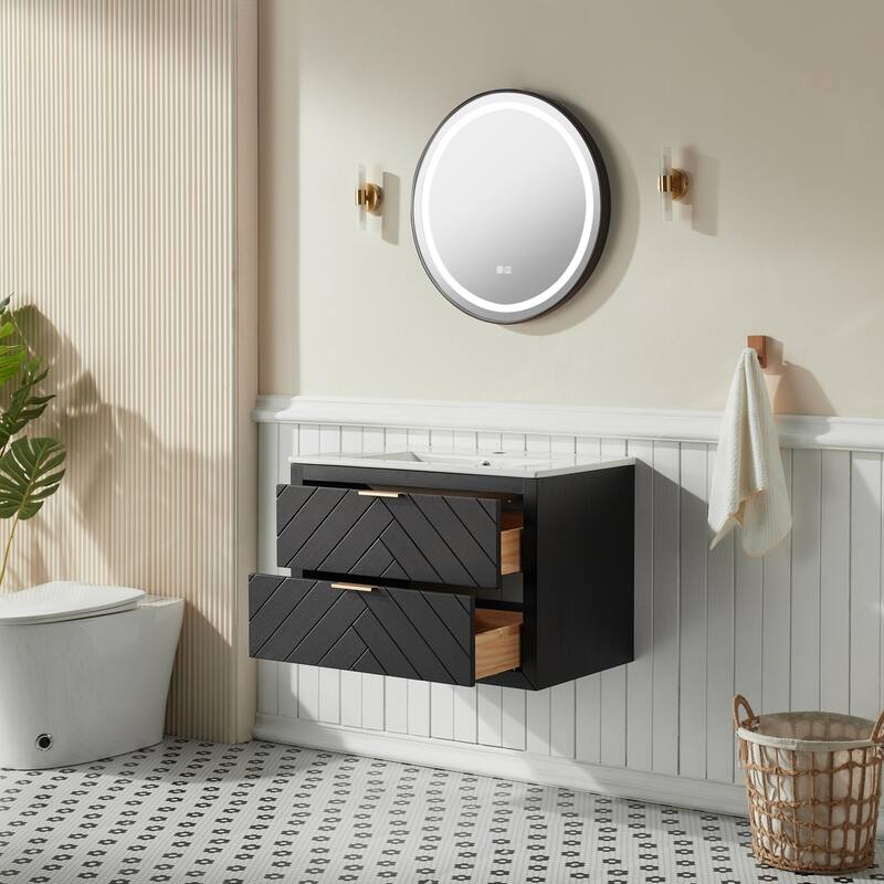Modland 30" Wall Mount Bathroom Vanity with Ceramic Sink - 2 Soft-Close Drawers, Black/Walnut - 30 inch - Black