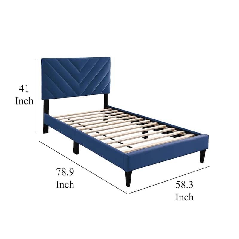 Lilian Full Bed, Tufted Navy Blue Velvet Upholstery, Chevron Stitch