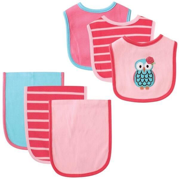slide 1 of 1, Hudson Baby Infant Girl Cotton Bib and Burp Cloth Set 6pk, Owl, One Size - Owl - One Size One Size - Owl