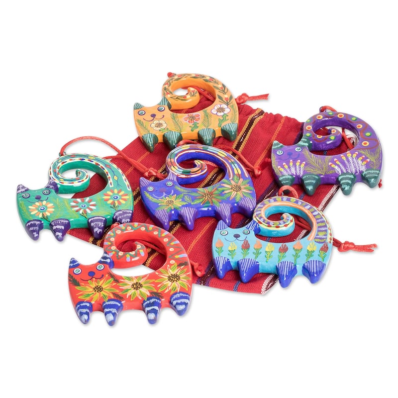 Novica Handmade Hypnotic Felines Ceramic Ornaments (Set Of 6)