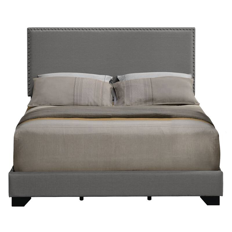 Light Grey Upholstered Queen Panel Bed with Nailhead Trim and Wooden Legs