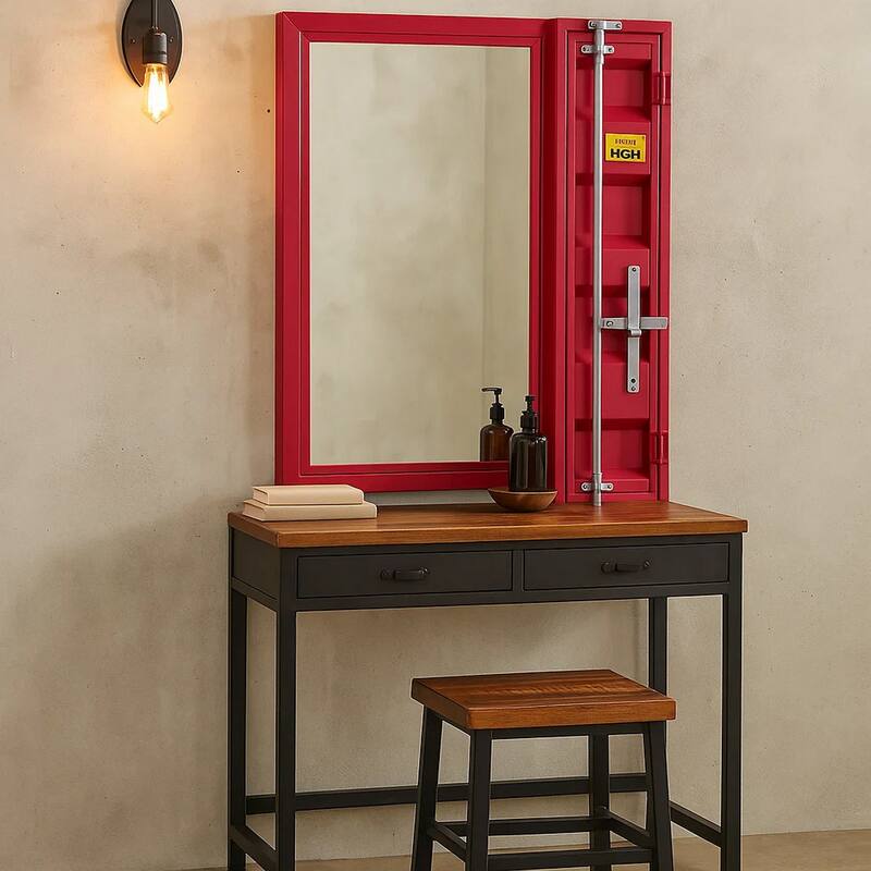 Industrial Style Metal Vanity Mirror with Recessed Door Storage, Red