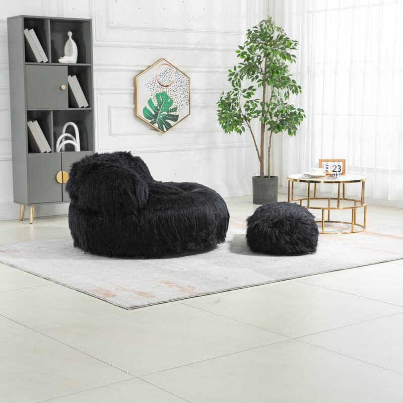 Fluffy Bean Bag Chair with Ottoman, Comfy Bean Bag Lounger for Adults and Kids, Ultra Soft Lazy Sofa Chair with Memory Foam