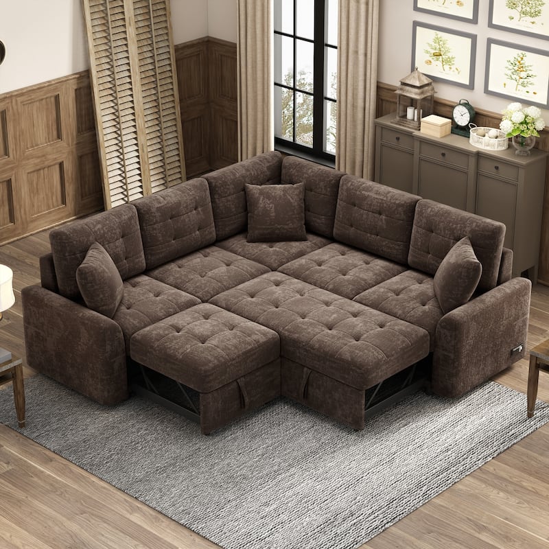 Convertible L-Shape Sofa Bed with Wheels, USB Ports, and Power Outlets - Brown