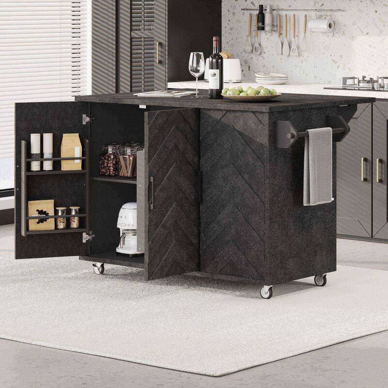 Rolling Kitchen Island with Drop Leaf, Ash Veneer Handwoven Doors, Internal Storage Rack, and Wheels - 51.2" Coastal Design