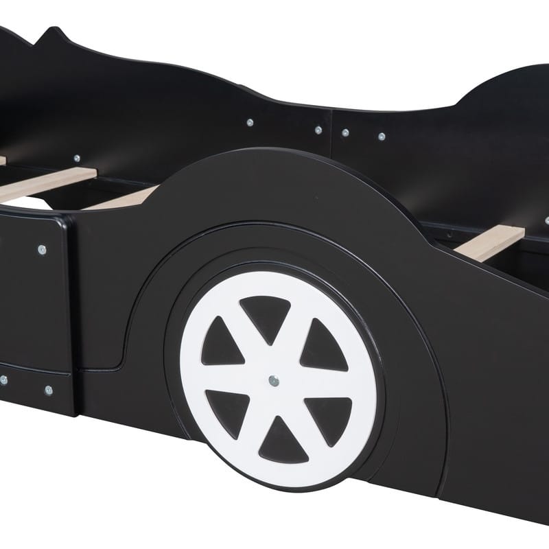 Twin Size Race Car-Shaped Platform Bed with Wheels, Black, Plywood, Bed Frame