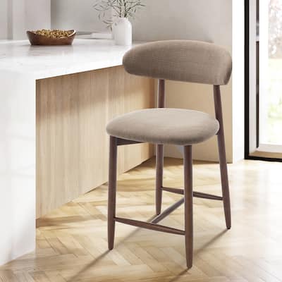 Mid-Century Modern Upholstered Bar Stools with Backrest - Solid Wood Legs Counter Height Stools