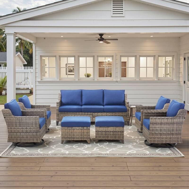 Glissia 8-Piece Gray Wicker Patio Seating Collection with Swivel Gliders and Ottomans