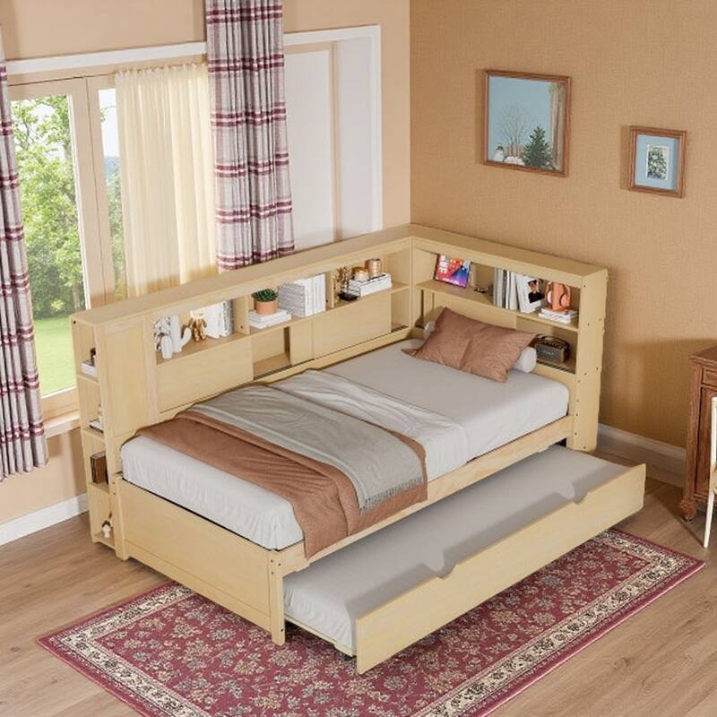 Twin Size Wood Daybed with Trundle, Storage Shelves, Built-in USB Port, and Charging Station, Natural Finish - Natural