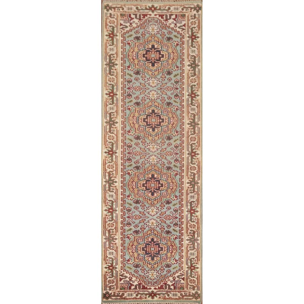 Geometric Heriz Serapi Runner Rug Handmade Blue Wool Carpet - 2'6"x 9'9"