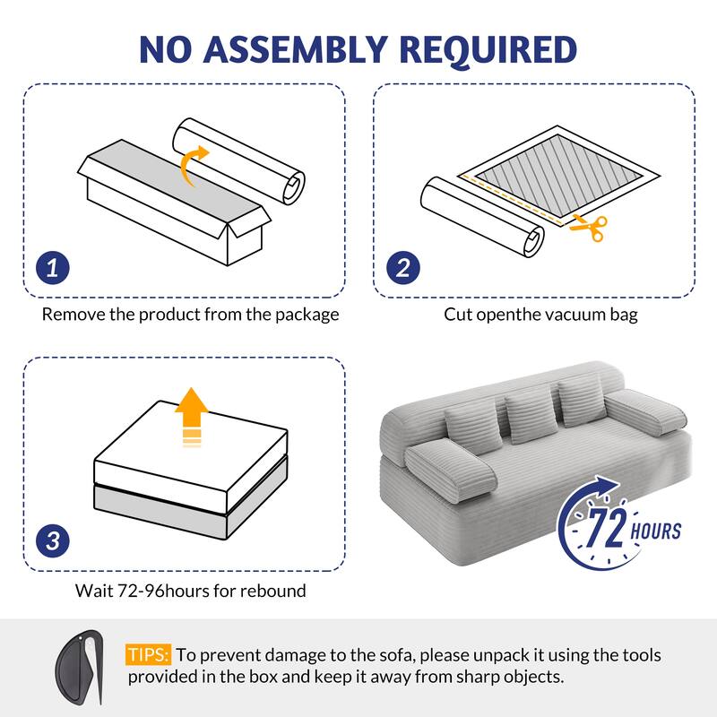 78.7-Inch Convertible Sofa Bed, 2-in-1 Frameless 3-Seater Couch with Plush Corduroy Fabric for Small Spaces