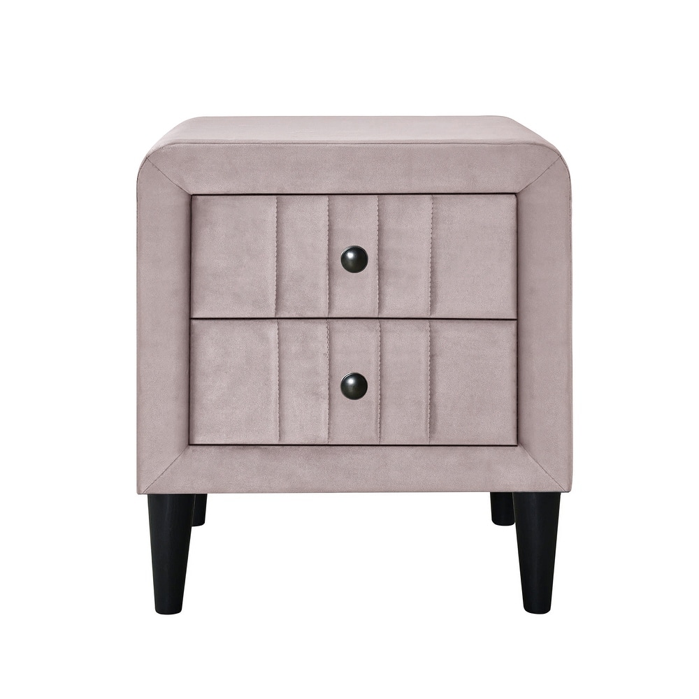 2 Drawers Velvet Upholstered Nightstand with Tapered Shape Legs