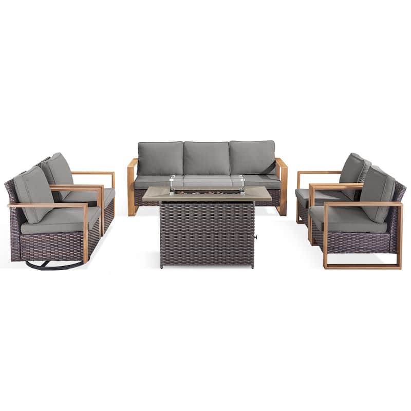 Meyreso Wicker Outdoor Patio Fire Pit Set with Swivel Gliders and Olefin Cushions
