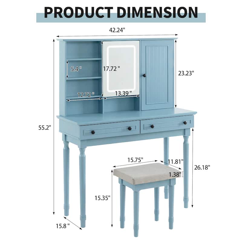 Vanity Desk with Adjustable Lighted Mirror & Upholstered Stool