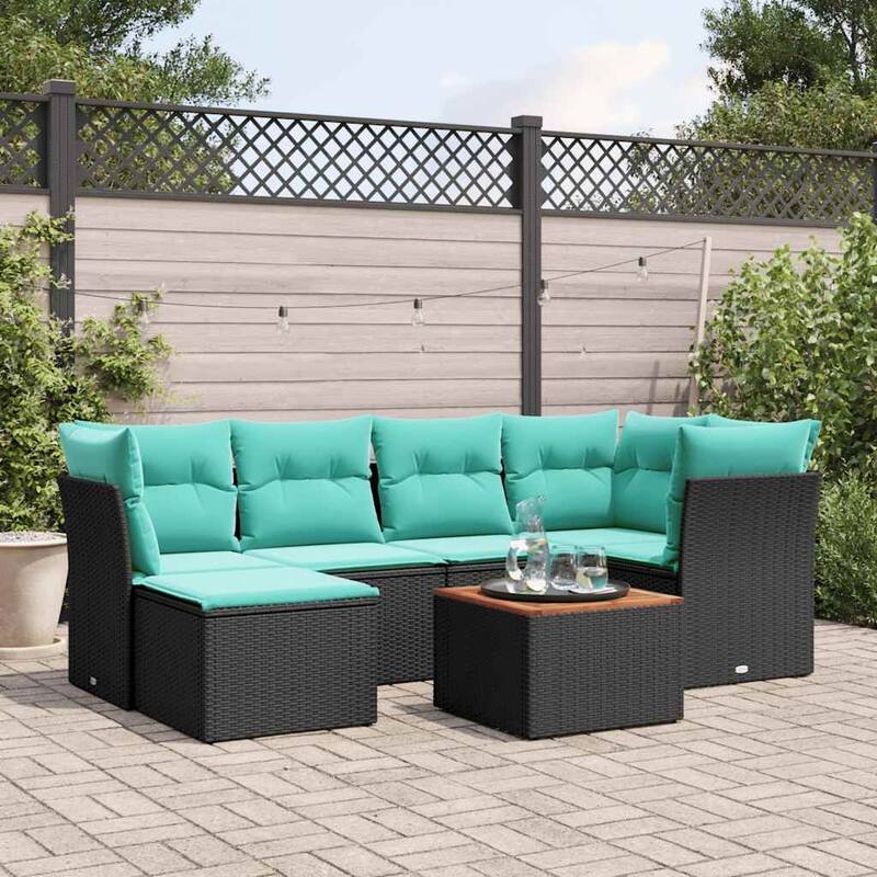 vidaXL 7 Piece Patio Sofa Set with Cushions Black Poly Rattan - 24.4 x 24.4 x 27.2