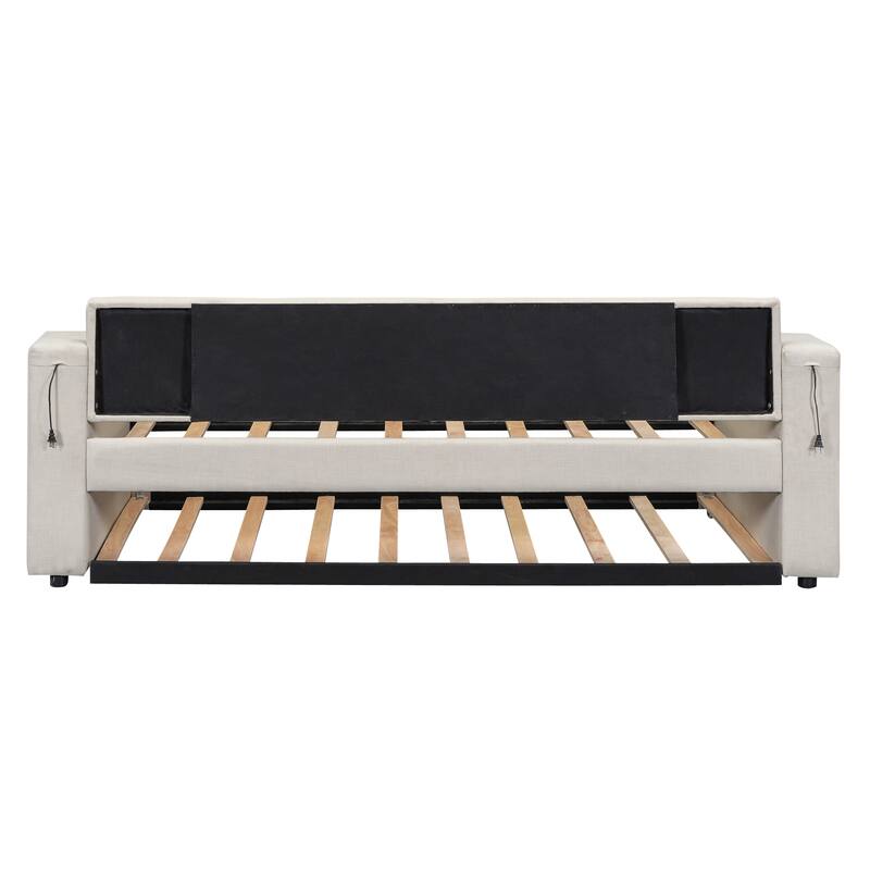 Twin Size Upholstered Daybed with Storage Arms, Trundle, and USB Charging in Beige