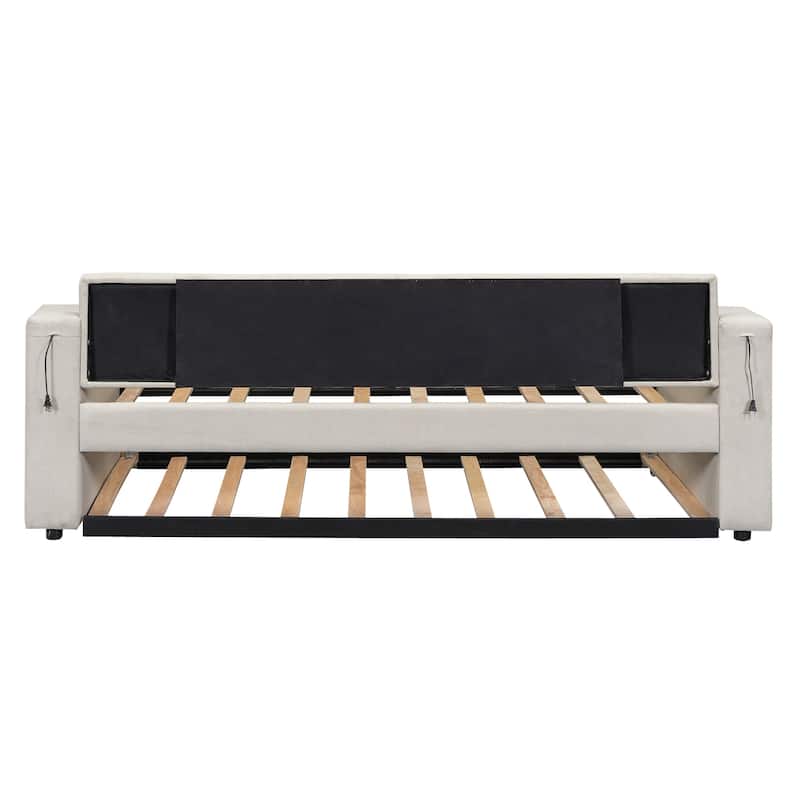 Twin Size Upholstered Daybed with Trundle & Storage Arms, Wood Sofa Bed Frame with USB Port & Side Pockets,No Box Spring Needed