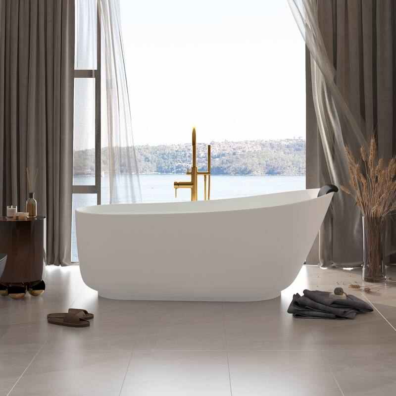CASAINC Resin Stone Solid Surface Soaking Stand Alone Bathtub Freestanding Bathtub in Matte White