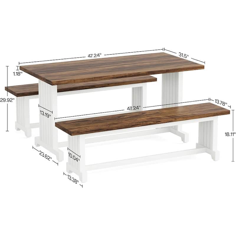 47" Farmhouse 3-Piece Dining Table Set for 2-4 - Space-Saving Kitchen Table with 2 Benches - Rustic Wood & Metal Furniture