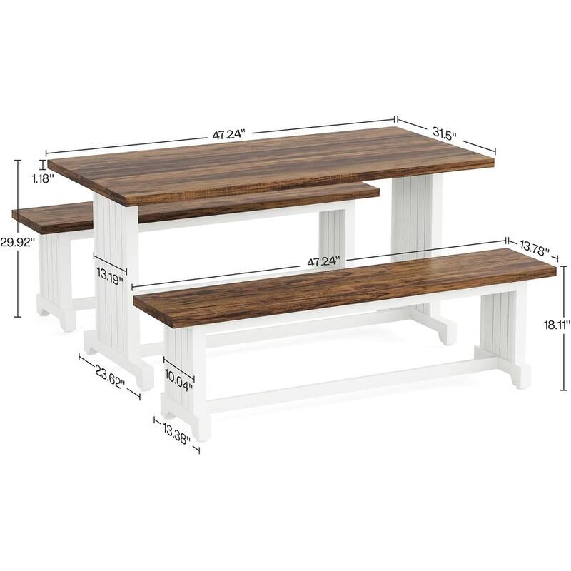 47" Farmhouse 3-Piece Dining Table with 2 Benches