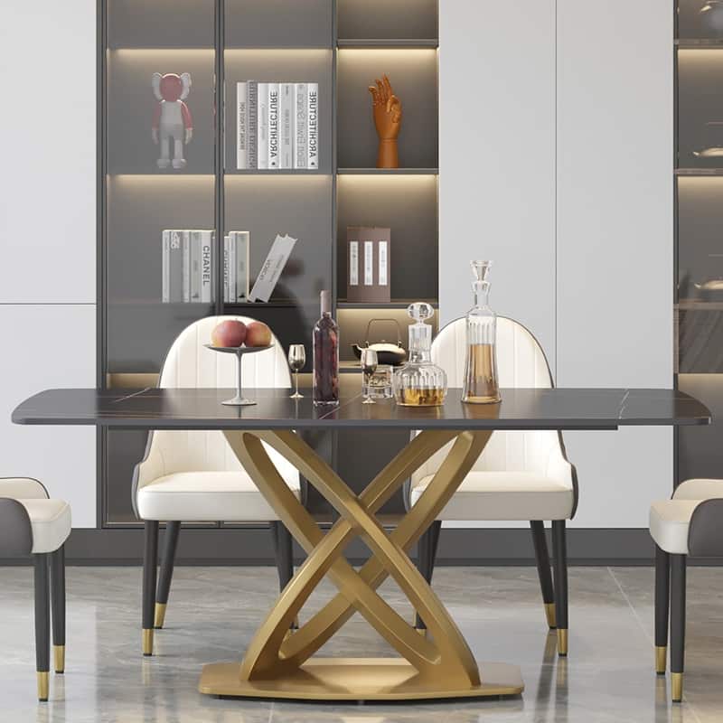71'' Modern Dining Table with Rectangular Sintered Stone Tabletop and Gold Base