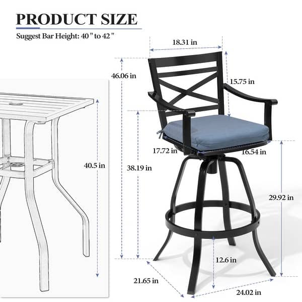 dimension image slide 13 of 15, Outdoor Cast Aluminum Sunbrella Swivel Bar Stools Patio Bar Height Barstools with Back