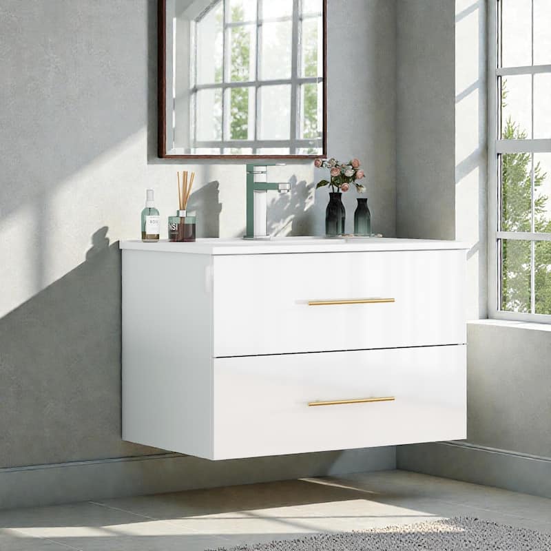30" Gloss Wall-Mounted Bathroom Vanity with Integrated Ceramic Sink, Double Drawers & Long Metal Handle for Modern Bathrooms