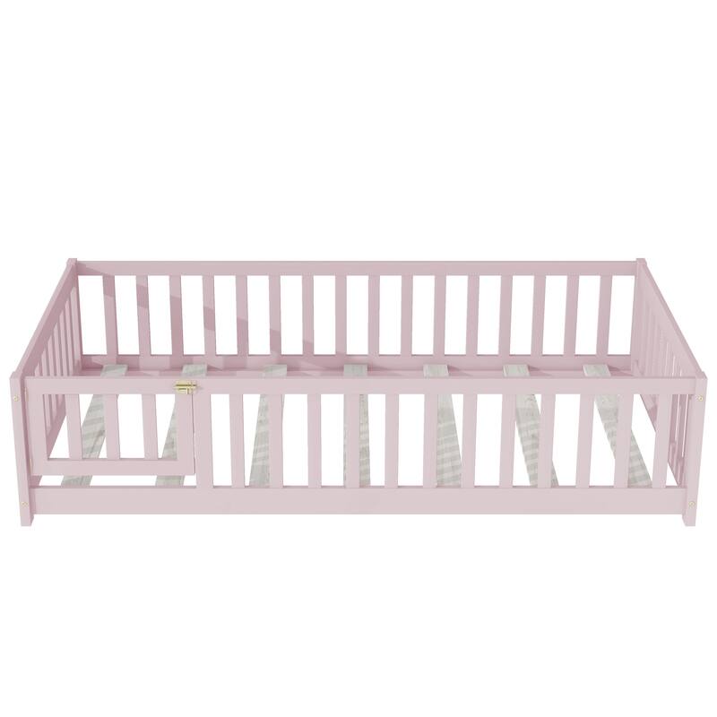 Twin Size Floor Bed with Fence and Door,Rubber Wood Floor Bed with Safety Guardrails