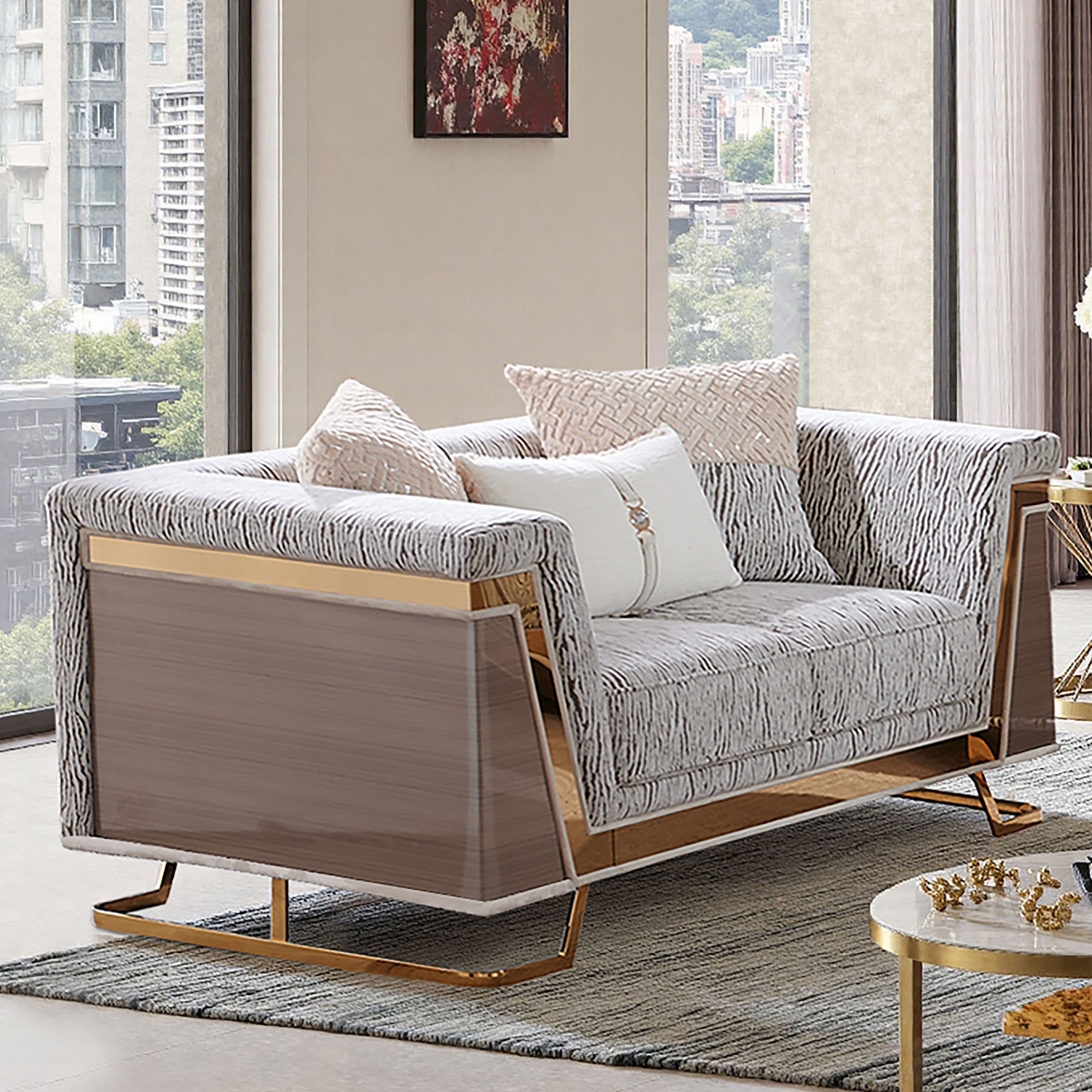 Furniture of America Idria Glam Gold Wood Animal Print Loveseat with Accent Pillows