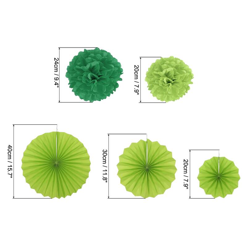 Hanging Paper Fans Set Paper Flower Decorations for Party 14pcs - Green
