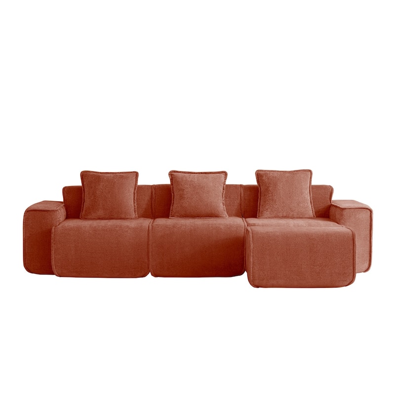 Streamlined Design Modular 3 Seat L Shape Boneless Velvet Fabric Sofa with 1 Movable Ottoman - 8' x 10'