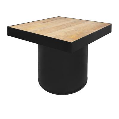 21 Inch Wooden Side Table with Block Metal Base, Brown and Black