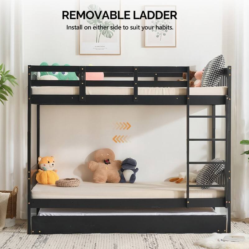 Twin over Twin Wood Bunk Bed with RGB LED Light,USB Port Charging Station and Guardrail ,Trundle Bed,Reversible Ladder - Black