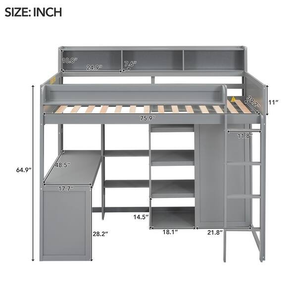 dimension image slide 1 of 2, Elegant Sturdy Wood Twin Loft bed with Multiple Storage Shelves and Wardrobe, Built-in desk and Full-length Guardrails, Grey