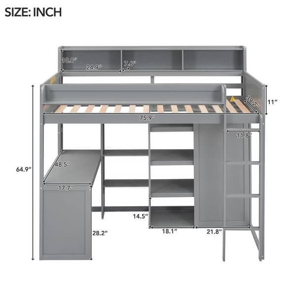 dimension image slide 1 of 2, Wood Twin Size Loft Kids Bed Frame with Multiple Storage Shelves, Wardrobe, and Built-in Desk, Safety Guaranteed, Grey
