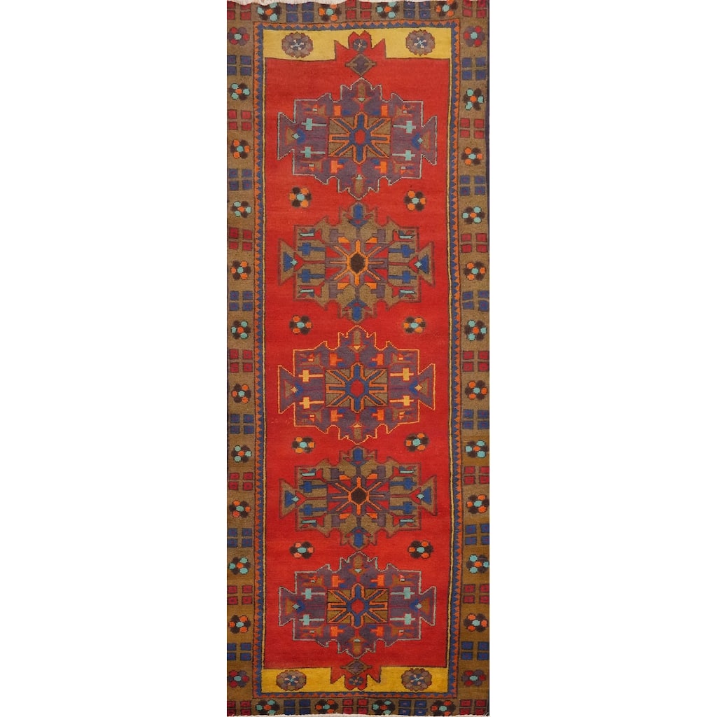 Hand Knotted Oriental 100% Wool Carpet Traditional Geometric Oranges & Rust Heriz Runner Rug - 10' 4'' X 3' 3''