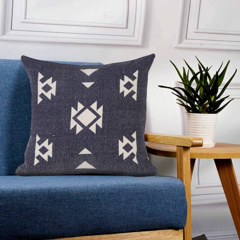 20" Blue and White Hand Woven Geometric Square Throw Pillow