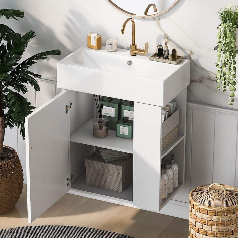 Wall-Mounted Bathroom Vanity Small Space Floating Cabinet with Sink, Wave-Patterned Door, Metal Handle and Right Side Storage