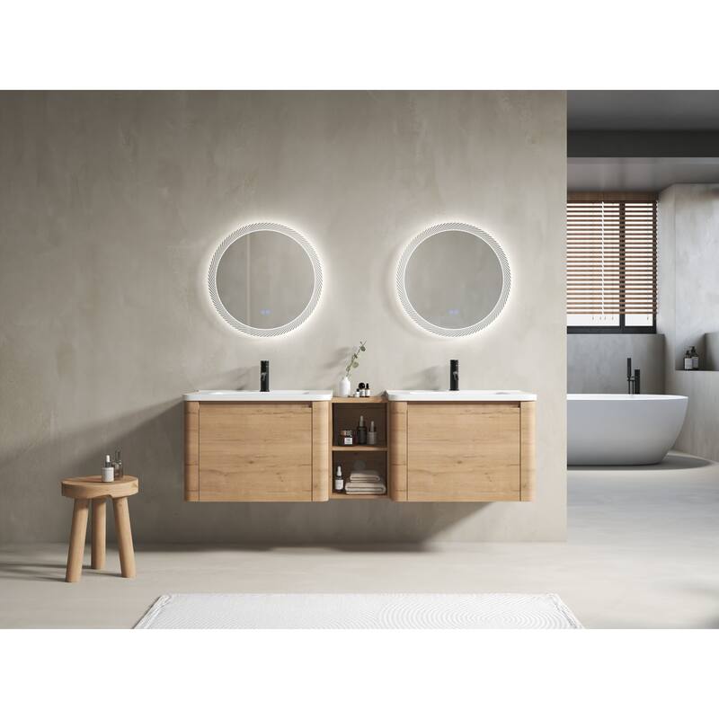 Wall-Mounted Bathroom Vanity with Ceramic Sink and Storage Shelves