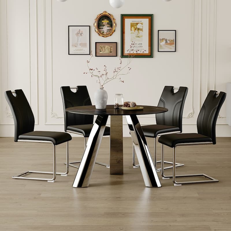 A 42-Inch Stainless Steel Leg Round Table,Paired with 4 Uniquely Designed Dining Chairs with Metal Leg - Black