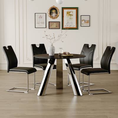 A 42-Inch Stainless Steel Leg Round Table,Paired with 4 Uniquely Designed Dining Chairs with Metal Leg