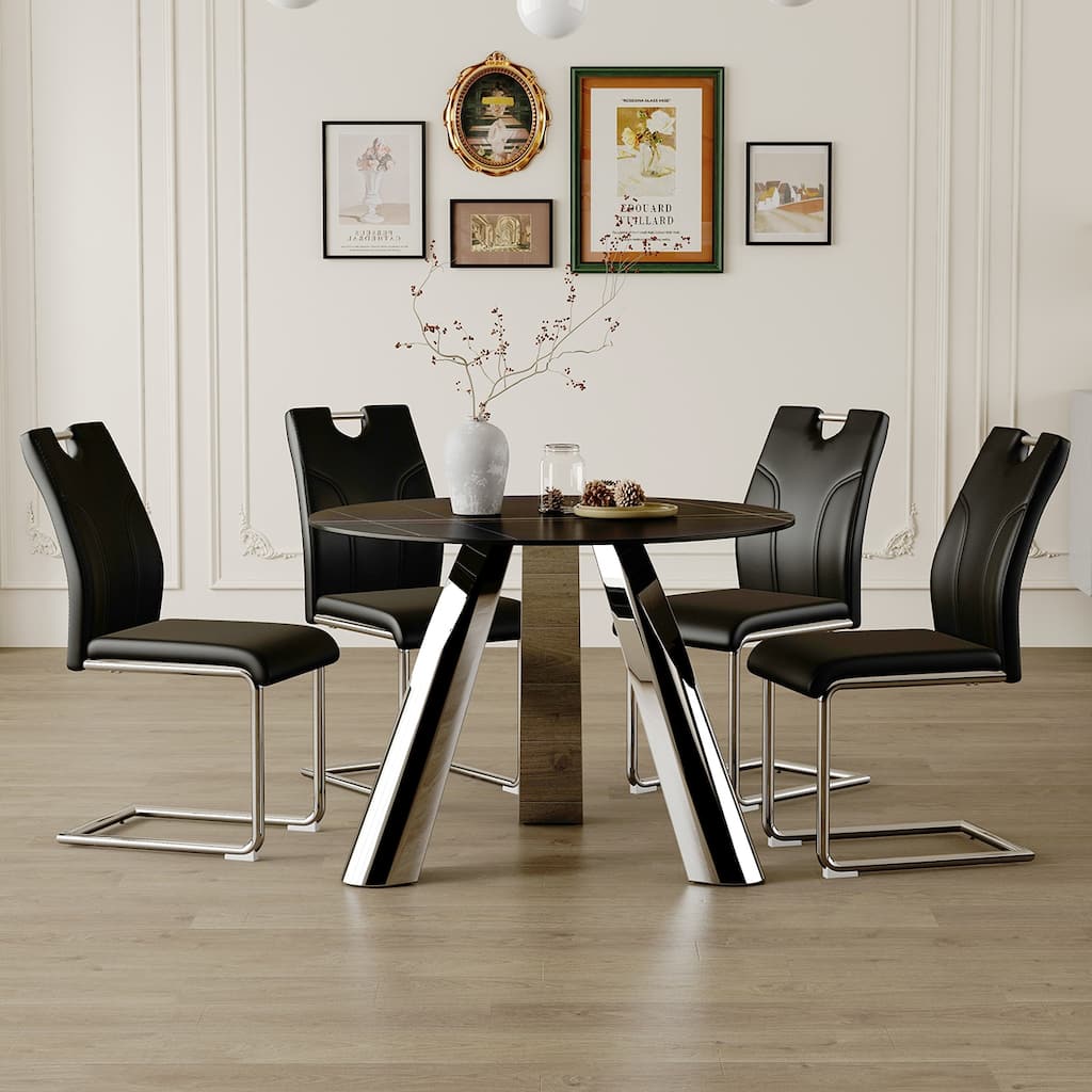 A 42-Inch Stainless Steel Leg Round Table,Paired with 4 Uniquely Designed Dining Chairs with Metal Leg