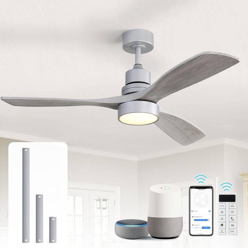 48 Inch Wood Ceiling Fan with Light and Remote/Smart App Control, Dimmable Lights Included - 52-Smart(Remote+APP+Voice Control) - Silver with Grey Blades