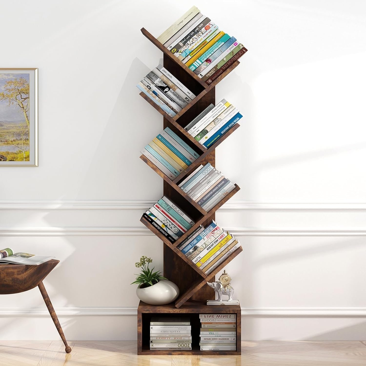 Tree Bookshelf, 8-Tier Tall Wooden Bookcase with Drawer, Floor