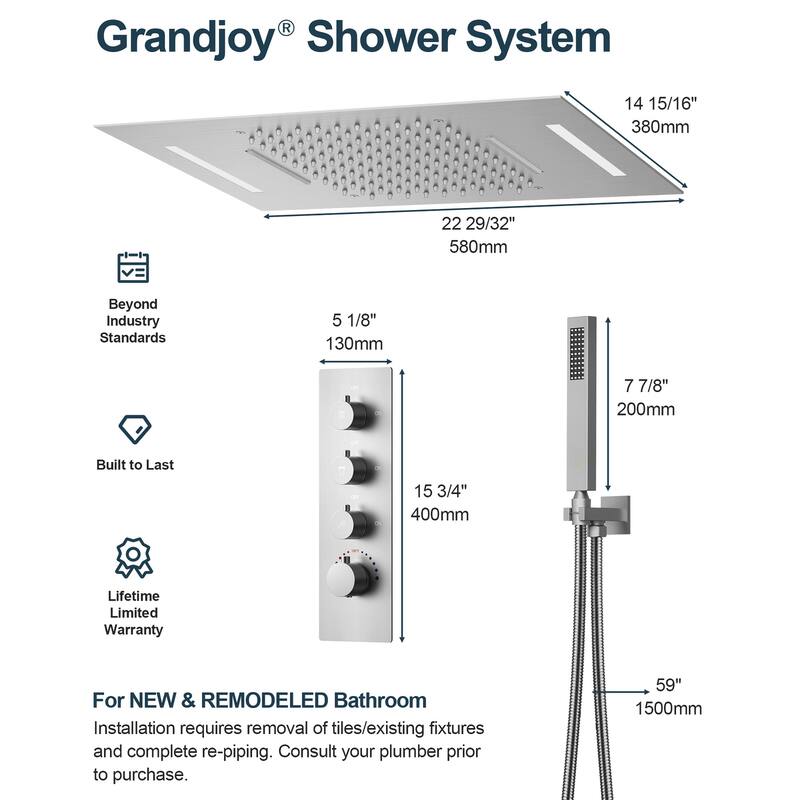 GRANDJOY LUXURY Shower System 22"x15" Ceiling Mount Rainfall & Waterfall Shower Head with Handheld Spray Como 64 Colors LED