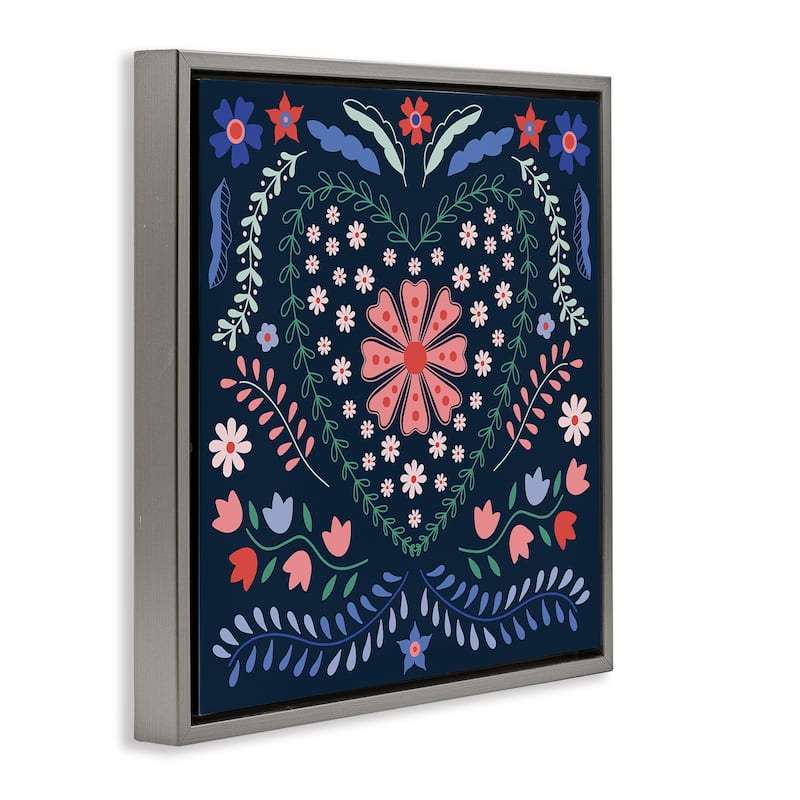 Stupell Folk Flowers in Heart Pattern Framed Floater Canvas Wall Art Design By Sazerelli Designs