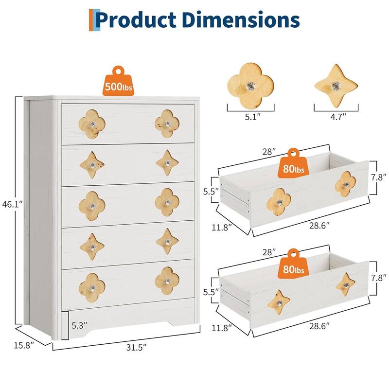 Fluted 5 Drawer Tall Dresser for Bedroom, Living Room, Hallway