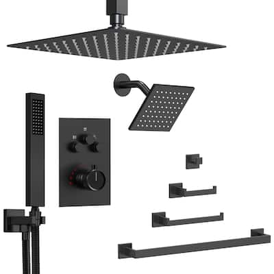 GRANDJOY Dual Shower Heads 12" Rainfall Shower System with 4-Piece Bathroom Towel Rack Combo Set