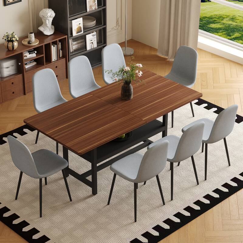 71-Inch Walnut Grain Dining Table Set with 8 Linen Chairs and Lower Shelf, Modern 9-Piece Dining Room Table & Chair Set