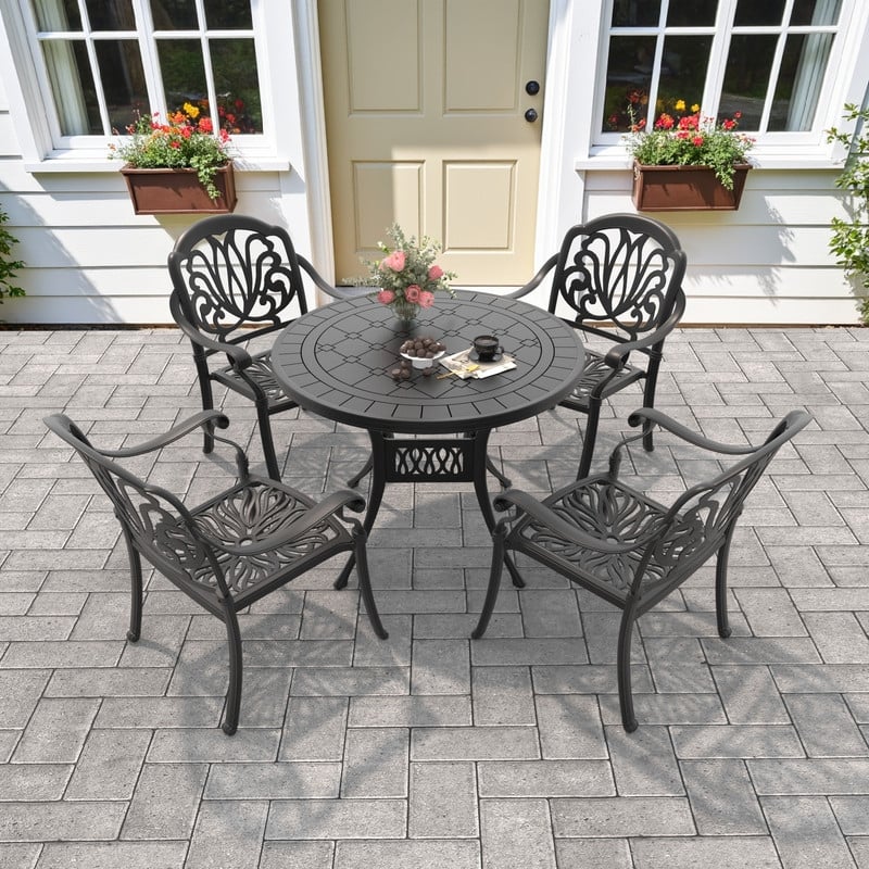 3/5 Piece Cast Aluminum Outdoor Dining Set with 39.37 in. Round Table and Seat Cushions